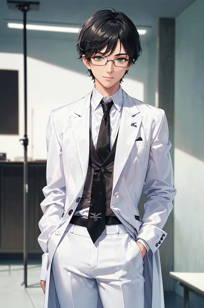 (masterpiece; best quality: 1.2), (finely detailed eyes: 1.3), ((25 year old man)), ((solo)), (green eyes: 1.4), (body; lean, lithe, masculine: 1.3), (very short black hair: 1.3), (beautiful and clear background: 1.2), ((depth of field)), (equipment: white open labcoat + black shirt + white tie + white pants + black square glasses: 1.3), (anime illustration: 1.2), (background composition; japanese highschool classroom + furniture: 1.1), (extremely fine and handsome: 1.1), (shot composition; standing + centered on torso + close-up: 1.5), (expression; calm, smile: 1.2)