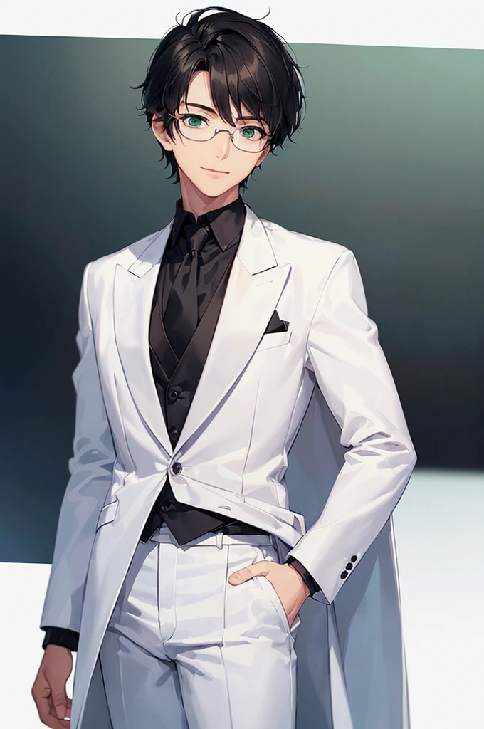 (masterpiece; best quality: 1.2), (finely detailed eyes: 1.3), ((25 year old man)), ((solo)), (green eyes: 1.4), (body; lean, lithe, masculine: 1.3), (very short black hair: 1.3), (beautiful and clear background: 1.2), ((depth of field)), (equipment: white open labcoat + black shirt + white tie + white pants + black square glasses: 1.3), (anime illustration: 1.2), (background composition; japanese highschool classroom + furniture: 1.1), (extremely fine and handsome: 1.1), (shot composition; standing + centered on torso + close-up: 1.5), (expression; calm, smile: 1.2)
