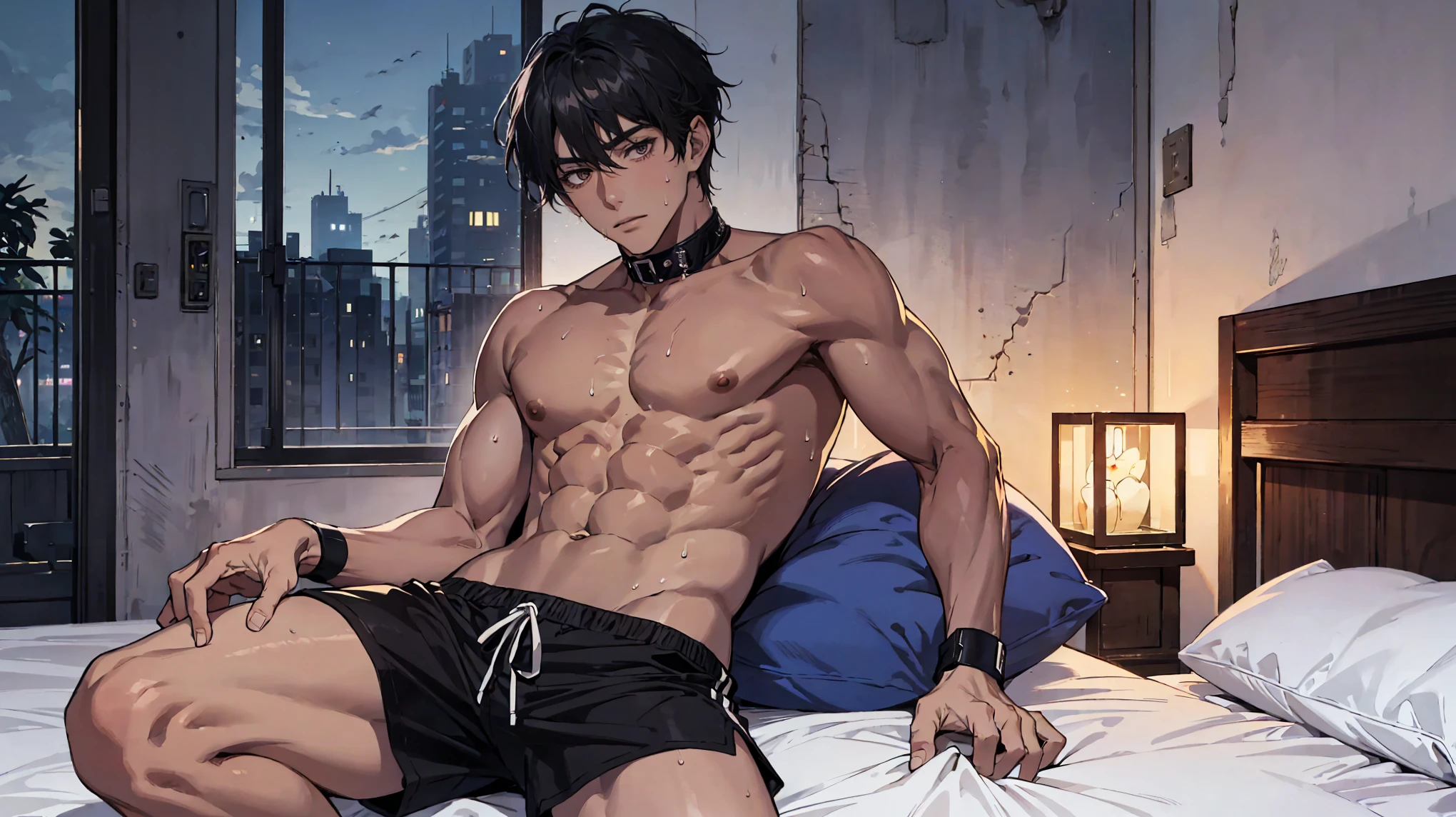 1 man, Handsome man, Fake laugh, Solitary, White skin, muscular, Muscle Man, High target, handsome guy, Big biceps, Abdominal muscles, thigh, Broad shoulders, Open the chest,, Black short hair,sweat, Sweaty hair, Shirtless, Sit on the bed and relax, Black shorts, Viewers Watching, high resolution:1.2, best quality, Upper body shooting, Flat style, Ambiguous room background, Low photographic angle, Volumetric Lighting, Depth of Field, shadow,Romantic environment