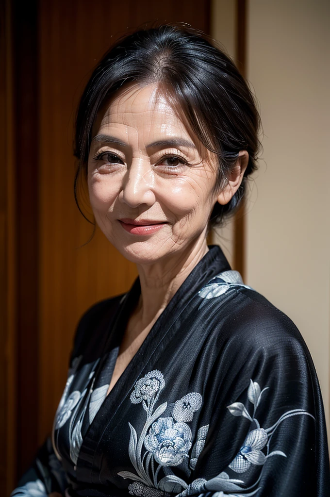 (masterpiece:1.4),(65-year-old woman:1.5),(facial wrinkles 1.2),gentle smile, (up hair : 1.1), (wearing black kimono), Motherhood Mature Woman