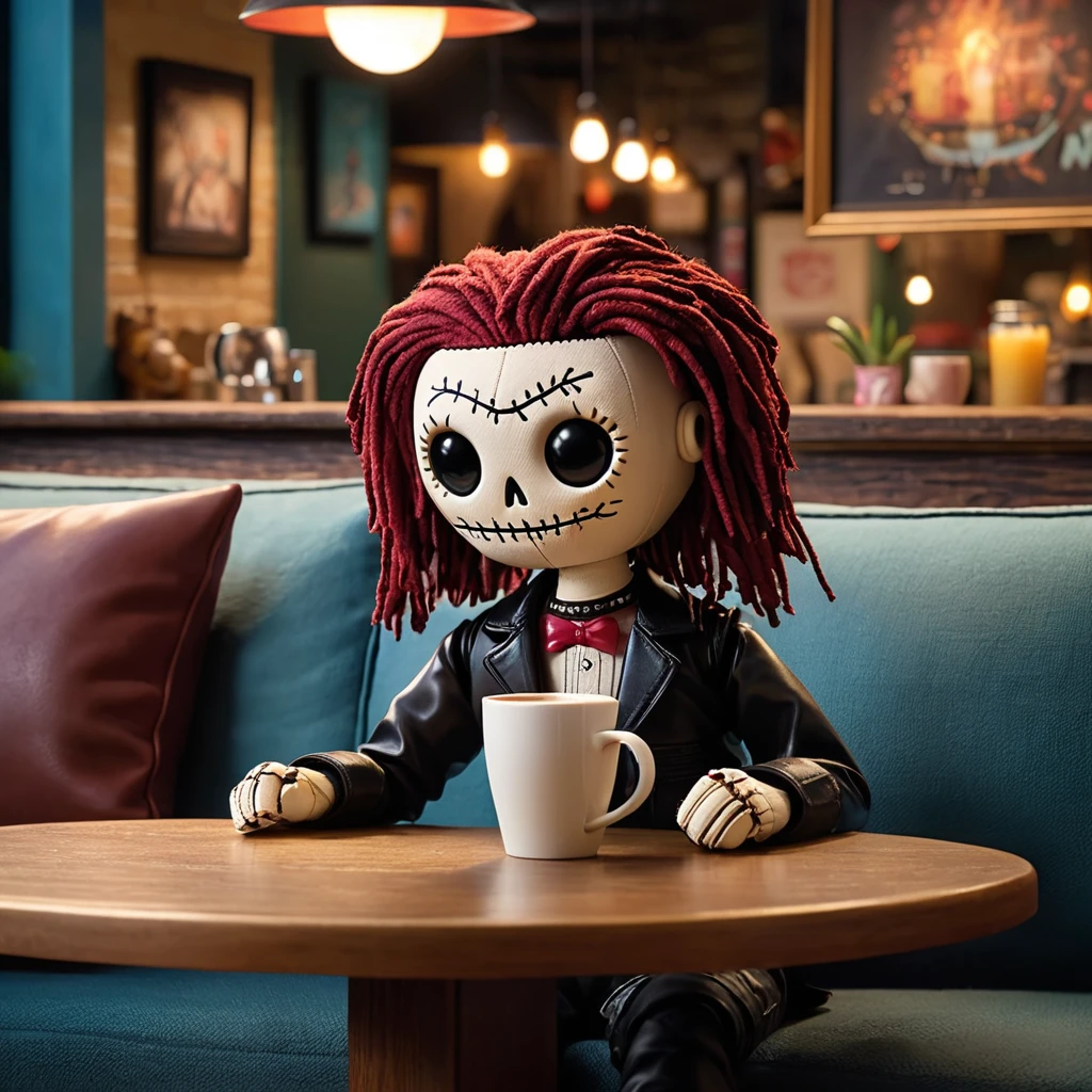 (knitted voodoo doll toy:1.5), (voodoo in the cafe from the TV series "Friends":1.8), (sitting on the couch in the cafe from the TV series "Friends":1.8), (Clothing: casual 90's outfit:1.0), (Accessories: enchanted coffee mug, light-up "Reserved" sign:1.1), (background: the iconic cafe from the TV series "Friends", light-up Central Perk sign and a cozy atmosphere:1.2), best quality, masterpiece, detailed soft oil painting, detailed background, dramatic cinematic lighting, soft edge lighting, professional, dramatic lighting, hard edge lighting, ultra quality, 4k,masterpiece, best quality, 8k, ultra highres, highres, extremely detailed
