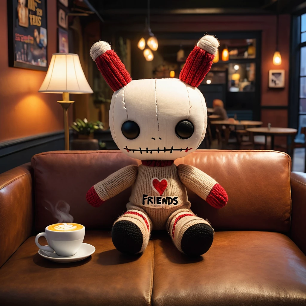 (knitted voodoo doll toy:1.5), (voodoo in the cafe from the TV series "Friends":1.8), (sitting on the couch in the cafe from the TV series "Friends":1.8), (Clothing: casual 90's outfit:1.0), (Accessories: enchanted coffee mug, light-up "Reserved" sign:1.1), (background: the iconic cafe from the TV series "Friends", light-up Central Perk sign and a cozy atmosphere:1.2), best quality, masterpiece, detailed soft oil painting, detailed background, dramatic cinematic lighting, soft edge lighting, professional, dramatic lighting, hard edge lighting, ultra quality, 4k,masterpiece, best quality, 8k, ultra highres, highres, extremely detailed