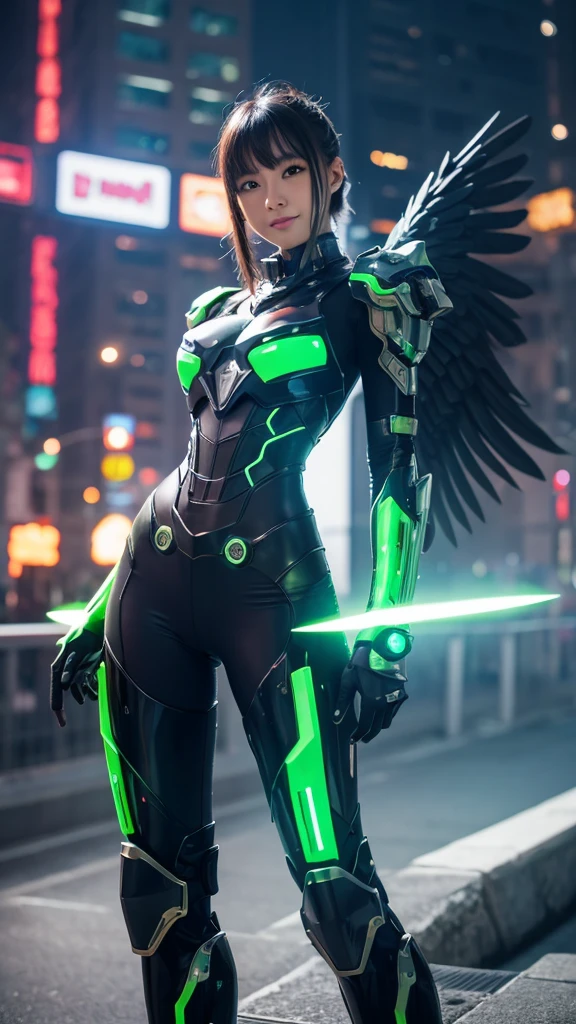 masterpiece,(Highest quality),Very detailed,Super detailed,One girl,(Mechanicalwing:Moneyen,Glowing Eyes:green,Moneyenrarmor:1.2,Long, thin ears:0.8),(Cyberpunk City:1.5,arms:Energy Blade),(Fantasy Landscape:1.2,Natural light:1.5,Confident expression),(Panorama:1.2),Mecha, smile,angle,Angels, wing,Money,born,close
