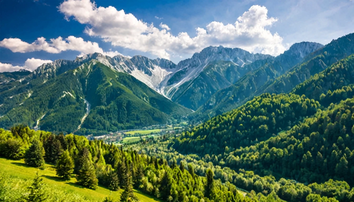 mountains landscape surrounded by forest, nice sunny day