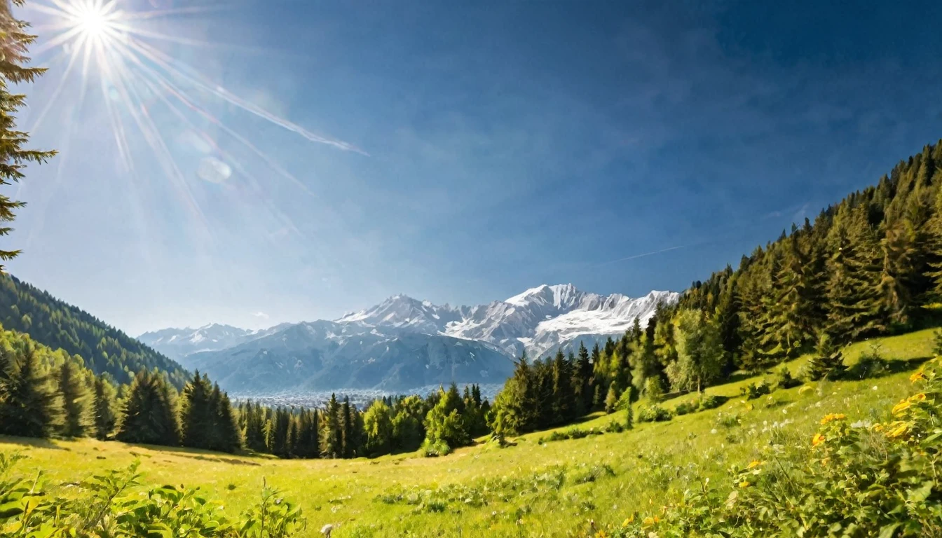mountains landscape surrounded by forest, nice sunny day