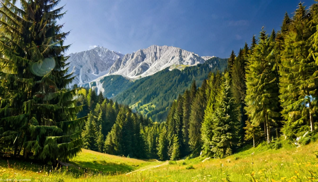 mountains landscape surrounded by forest, nice sunny day