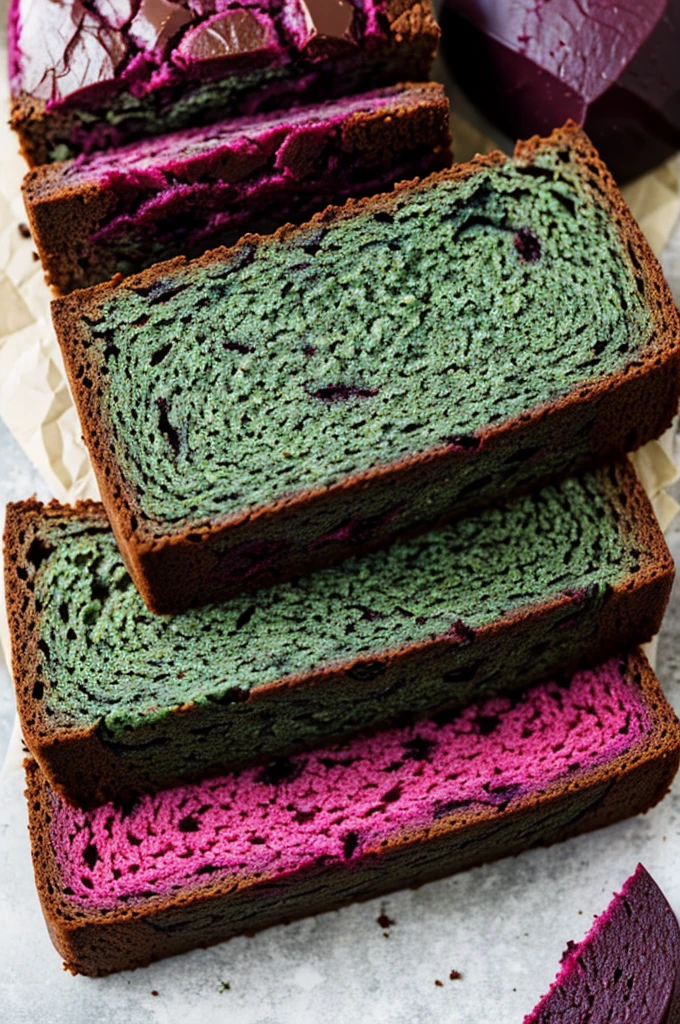 A square loaf with chocolate edges and a background of colors that resemble spinach and beetroot