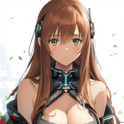 Asuna, chestnut hair, cyberpunk, cleavage, bust up