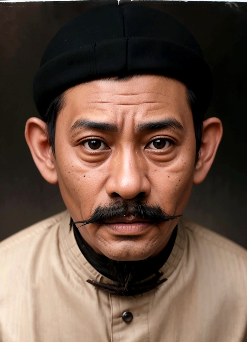arafed photograph of a man with a black hat and mustache, inspired by Basuki Abdullah, a colorized photo, potrait, collodion photograph, colorized photograph, inspired by I Ketut Soki, historic portrait, portrait of a old, colorized photo, portrait of an old, raden saleh, award winning colorized photo, historical picture