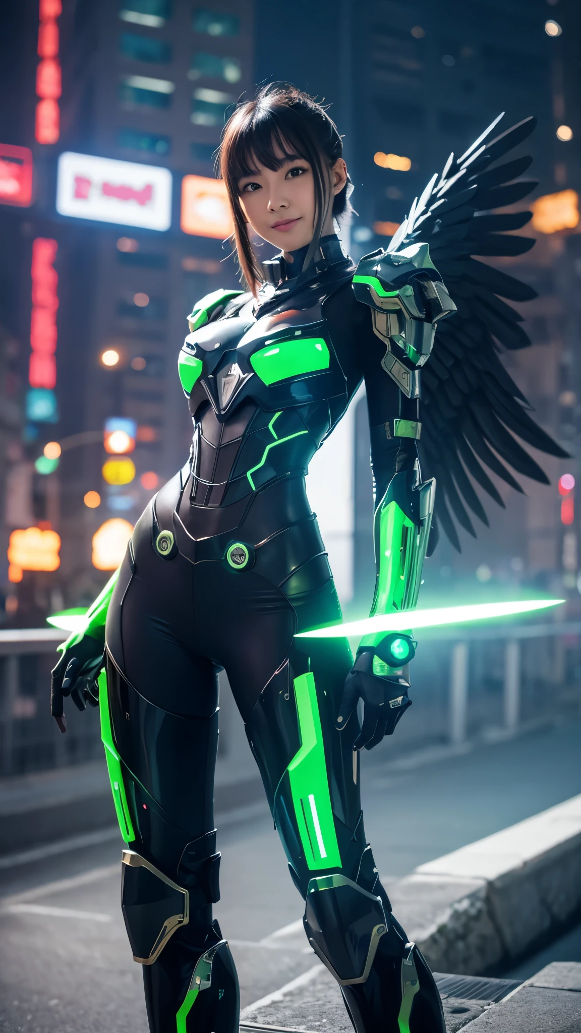masterpiece,(Highest quality),Very detailed,Super detailed,One girl,(Mechanicalwing:Moneyen,Glowing Eyes:green,Moneyenrarmor:1.2,Long, thin ears:0.8),(Cyberpunk City:1.5,arms:Energy Blade),(Fantasy Landscape:1.2,Natural light:1.5,Confident expression),(Panorama:1.2),Mecha, smile,angle,Angels, wing,Money,born,close