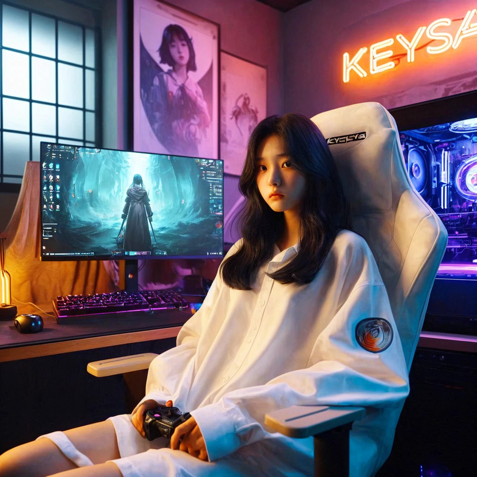 An 18-year-old Korean girl, wearing an oversized white shirt, sits on a gaming chair facing forward. A computer on the table next to her is displaying the game Wuthering Waves. The background is a gaming room with neon lights that spell "Keysa." Realistic image, UHD, masterpiece, 4K, close-up photo. Raw photo