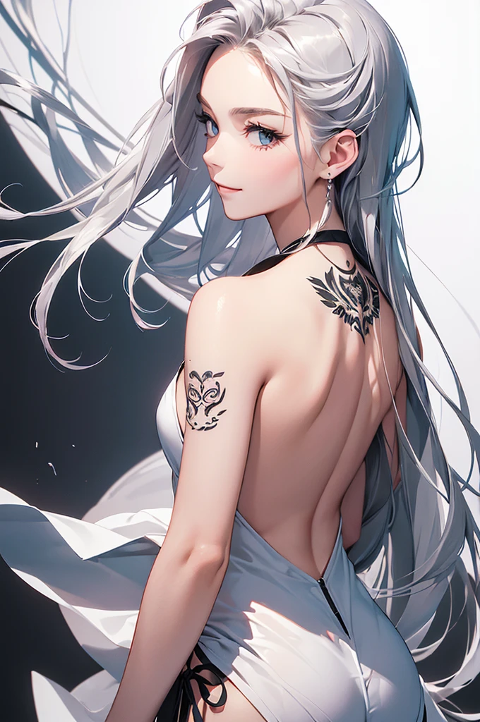 (Image from chest up:1.4)((masterpiece:1.5,Highest quality,Beautiful images、Realistic、3d、Artistic))(1girl, 独奏)(medium breasts, Silver Hair、long hair、Beautiful cleavage、sideboob、Exposing shoulders、Tattoo on shoulder)(Profile portrait,Gaze sideways、Gaze diagonally、Shake your head、Smile, floating hair)(Monotone Abstract Background)((from backside:1.3))((Monotone costumes))
