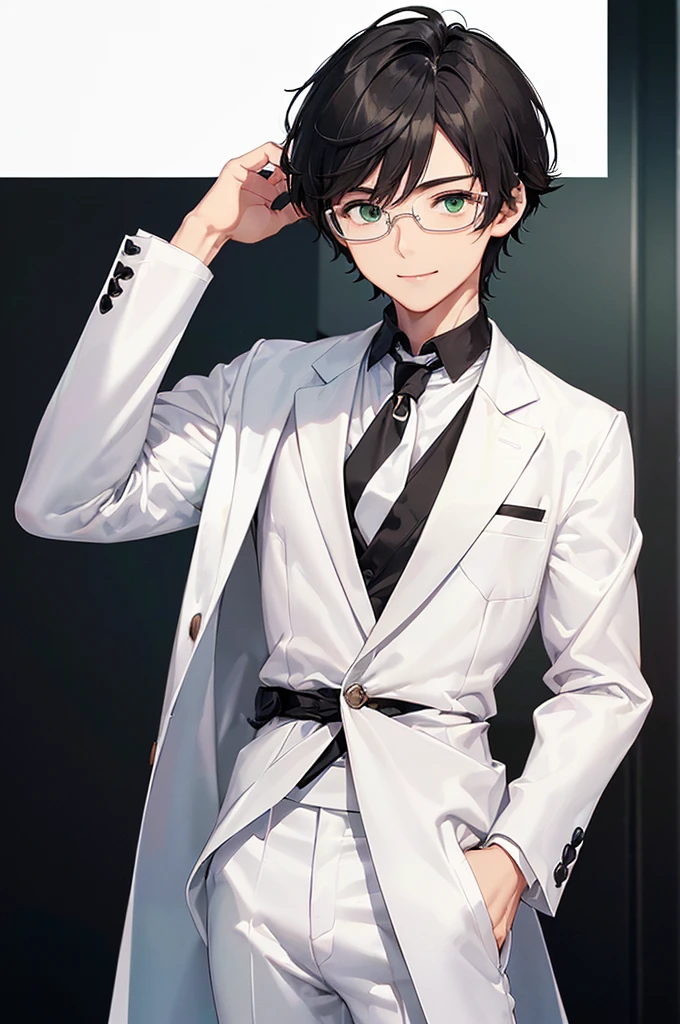 (masterpiece; best quality: 1.2), (finely detailed eyes: 1.3), ((25 year old man)), ((solo)), (green eyes: 1.4), (body; lean, lithe, masculine: 1.3), (very short black hair: 1.3), (beautiful and clear background: 1.2), ((depth of field)), (equipment: white open labcoat + black shirt + white tie + white pants + black square glasses: 1.3), (anime illustration: 1.2), (background composition; japanese highschool classroom + furniture: 1.1), (extremely fine and handsome: 1.1), (shot composition; standing + centered on torso + close-up: 1.5), (expression; calm, smile: 1.2)