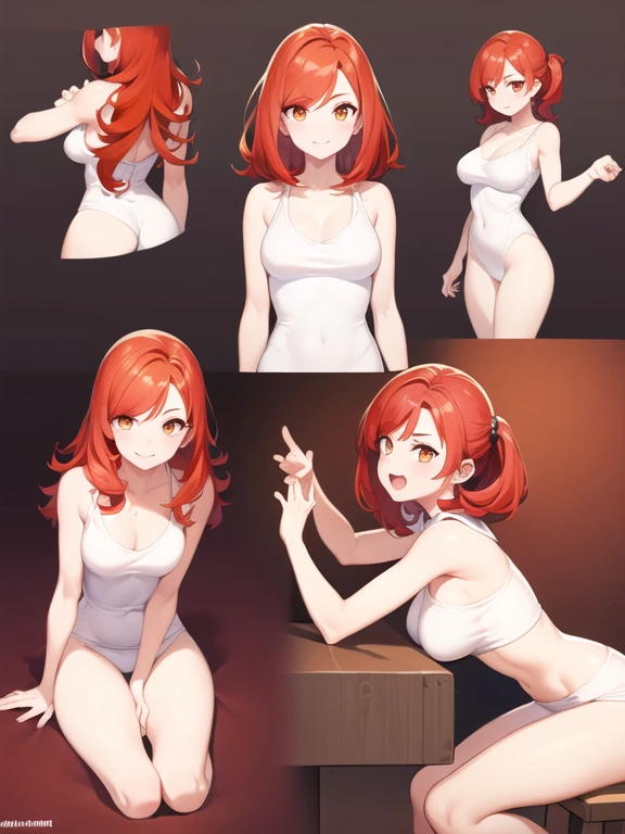 (masterpiece), Highest quality, Expressive eyes, Perfect Face, High resolution, 1 Girl, alone,Character design sheet, (Redhead:1.5) (Female Body:1.3),smile, Medium Hair, (Orange eyes), (Female Body:1.3), clavicle, naked, Without clothes, Slender figure,Cleavage,seiza,Sitting pose, Blushed,Sweaty, glistening skin,Looking at the audience,Angle from below,(White background),Plain white background,