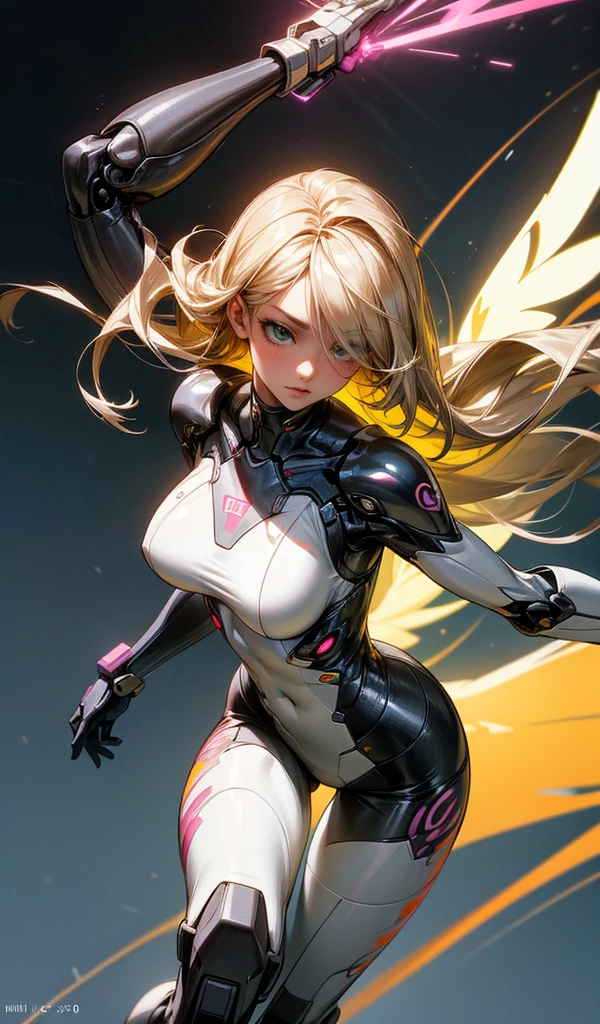 Please follow all prompts below exactly and faithfully. This is a breathtaking masterpiece of digital illustration, with maximum resolution, UHD, 512K, 2160p, 10 million ppi, 300 million dpi, natural color tones, ultra sharp details, perfect outlines with contrast, ((most realistic skin and hair textures:1.5)), most beautiful detailed eye features, perfect anatomically correct human body, beautiful background with depth, rule of thirds, depth of field, Maximize all element is used to its full potential to create the best digital illustrations, BREAK 1woman, sexy:1.5, beautiful face sharp, elegant woman, perfect body style, slender, beautiful big breasts, green eyes, blonde hair, hair over one eye, long hair, glossy very thick lips:0.7, pink lipstick:0.7, smile, BREAK A woman in a sleek, futuristic mech suit with intricate armor details, vibrant colors, and multiple pairs of mechanical wings. She is equipped with advanced weaponry, including energy blades and plasma cannons. Her arms, legs, and torso are fully mechanized, designed for combat. The scene is dynamic, capturing her in the midst of battle, with a sense of motion and energy.