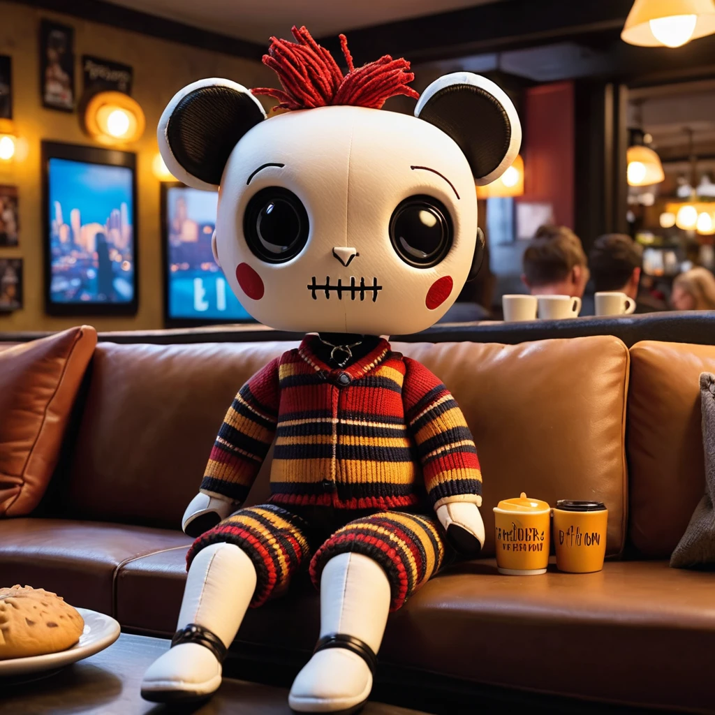 (knitted voodoo doll toy:1.4), (voodoo in the cafe from the TV series "Friends":1.8), (sitting on the couch in the cafe from the TV series "Friends":1.8), (Clothing: casual 90's outfit:1.0), (Accessories: enchanted coffee mug, light-up "Reserved" sign:1.1), (background: the iconic cafe from the TV series "Friends", light-up Central Perk sign and a cozy atmosphere:1.2), best quality, masterpiece, detailed soft oil painting, detailed background, dramatic cinematic lighting, soft edge lighting, professional, dramatic lighting, hard edge lighting, ultra quality, 4k,masterpiece, best quality, 8k, ultra highres, highres, extremely detailed