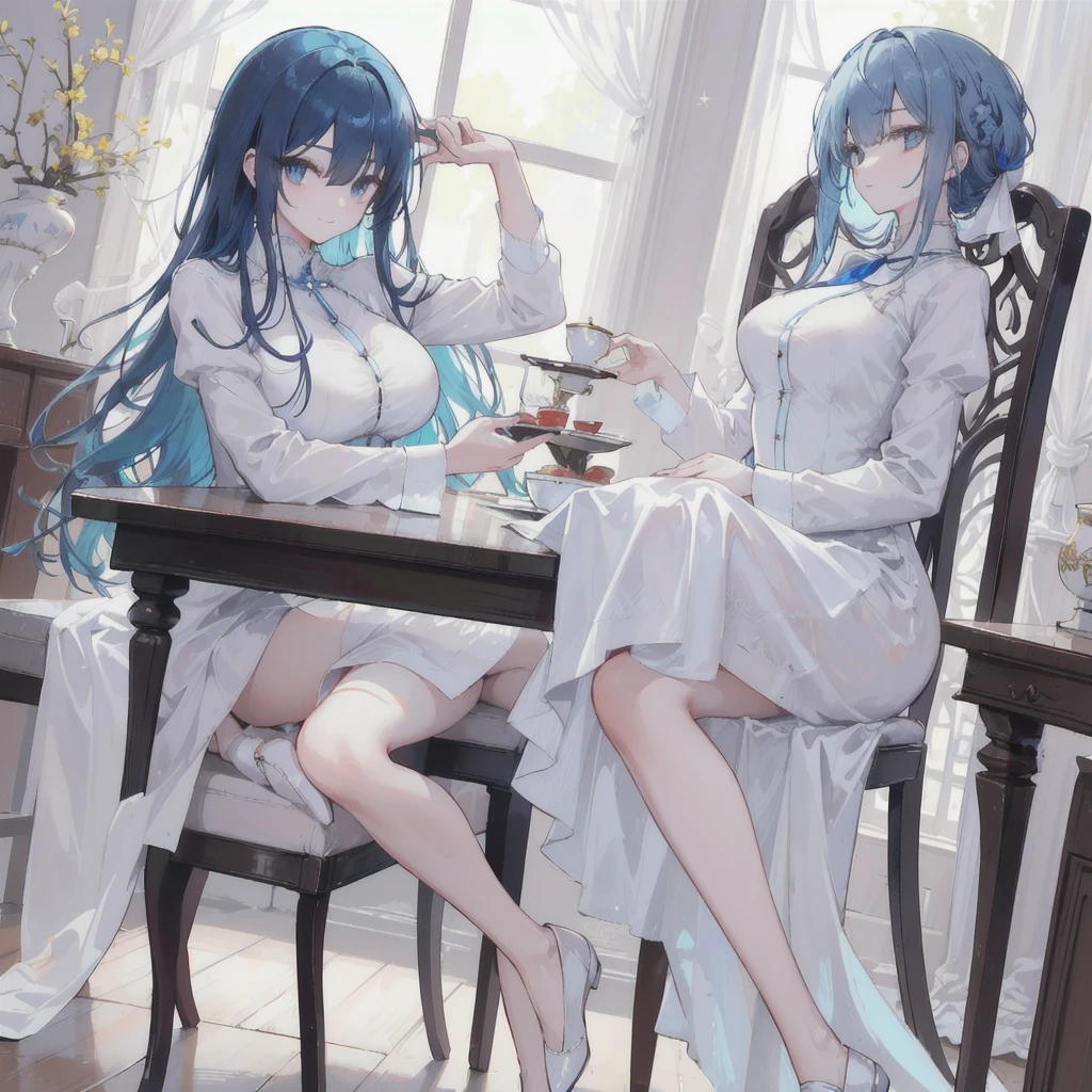 anime girl1, Beautiful blue hair, blue eyes, (bangs cover left eye) His left eye is visible slightly behind his long bangs, (wearing an elegant white noble shirt) wearing an elegant white tie jabot (long elegant noble shirt dress) Sitting on an elegant wooden chair, Skirt covers elegant legs (wearing elegant sparkling white glass shoes) (Hands on the table holding a cup of tea) smiling gently (perfect long straight blue hair) Body position facing to the left (head facing to the left) (image seen from top of head to toes looking down) Background of a luxurious, magnificent palace, detailed size (window light), shiny ceramics (perfect body, left hand holding a tea cup, right hand on a shiny, elegant wooden table, solo
