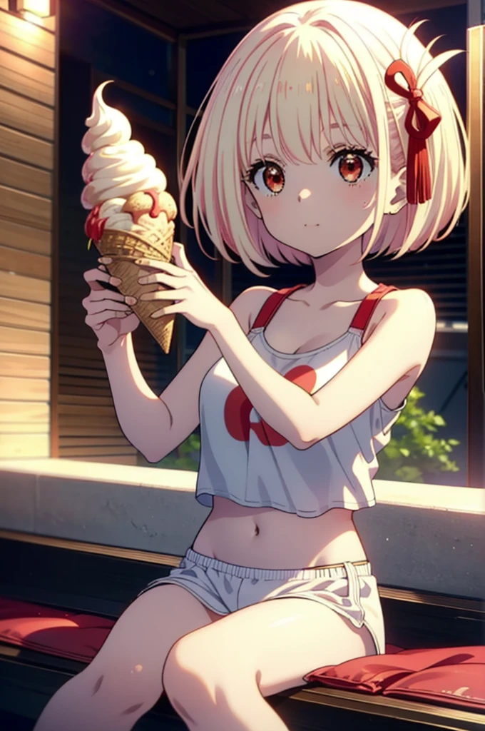  Chisato Nishikigi, short hair, bangs, Blonde, (Red eyes:1.5), Bobcut,smile,Open your mouth,Sweat,Red Tank Top,Red underwear,barefoot,naked,Sitting on the sofa,Eating ice cream with one hand,Daytime,True Summer,whole bodyがイラストに入るように,
break outdoors,room,
break looking at viewer, whole body,
break (masterpiece:1.2), Highest quality, High resolution, unity 8k wallpaper, (figure:0.8), (Beautiful attention to detail:1.6), Highly detailed face, Perfect lighting, Highly detailed CG, (Perfect hands, Perfect Anatomy),