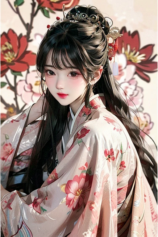 A girl, Chinese Clothing, Flowers,Clean background with clear face, masterpiece, Super Detail, Epic Works, Ultra HD, high quality, Extremely detailed, Official Art, 8k wallpaper, Super Detail, 32k
