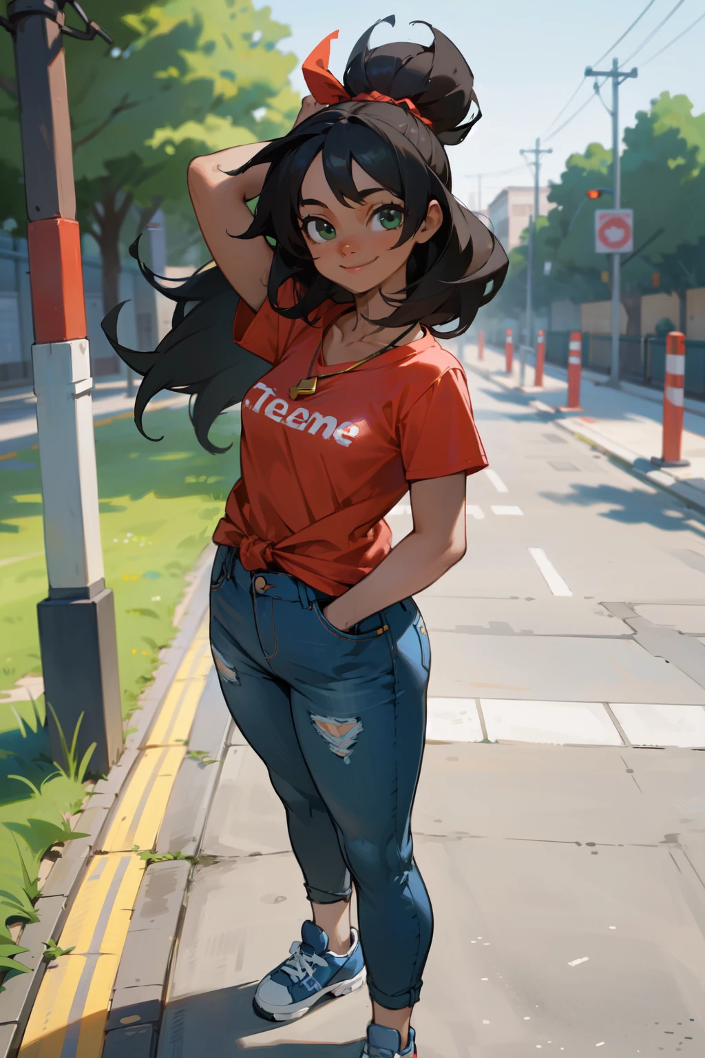 A highly detailed and realistic depiction of a young girl standing outdoors on a sunny day. She has light brown skin, long black hair tied back, and a friendly smile. She is wearing a red T-shirt with the "Supreme" logo in white across the chest, a necklace with a small pendant, blue jeans, and dark blue sneakers. The background shows a blurry street scene with people and a green fence, suggesting an urban or school environment. The lighting is natural, indicating it’s daytime. The image should be photorealistic and highly detailed, capturing the girl's cheerful expression and casual attire.