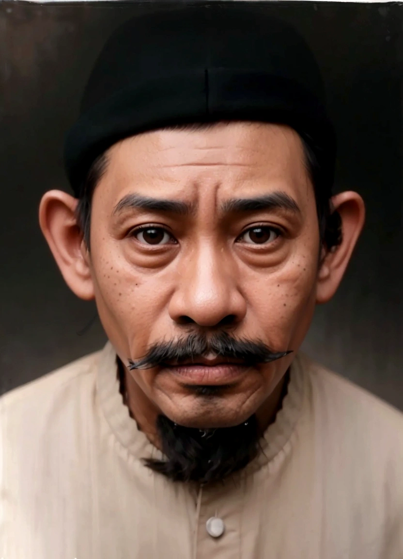 arafed photograph of a man with a black hat and mustache, inspired by Basuki Abdullah, a colorized photo, potrait, collodion photograph, colorized photograph, inspired by I Ketut Soki, historic portrait, portrait of a old, colorized photo, portrait of an old, raden saleh, award winning colorized photo, historical picture