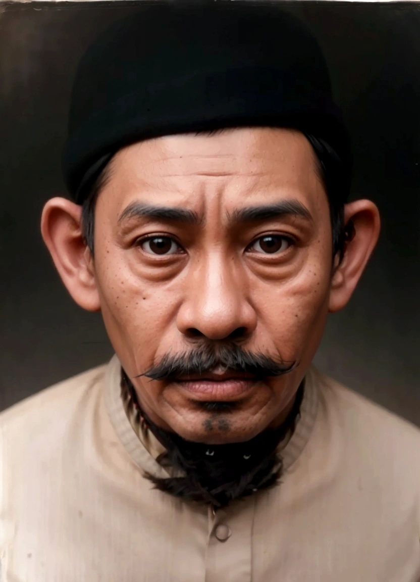 arafed photograph of a man with a black hat and mustache, inspired by Basuki Abdullah, a colorized photo, potrait, collodion photograph, colorized photograph, inspired by I Ketut Soki, historic portrait, portrait of a old, colorized photo, portrait of an old, raden saleh, award winning colorized photo, historical picture
