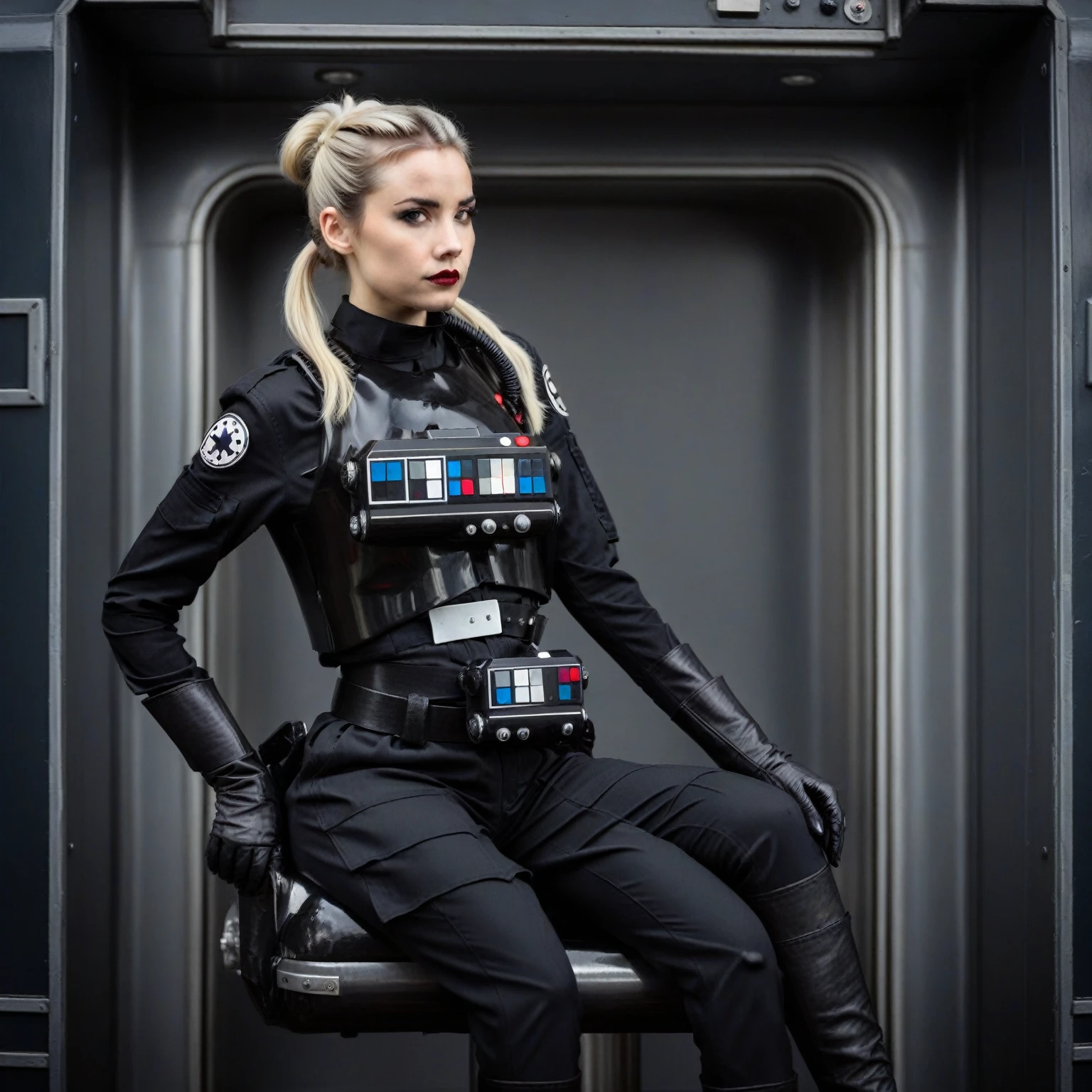 a cinematic film portrait still of a young and attractive female pale instagram model wearing Tie Pilot uniform, with platinum hair tied in a bun and wearing an officer cap, sitting on her sci-fi bunk bed, in a sci-fi ship, full body shot . shallow depth of field, vignette, highly detailed, high budget Hollywood movie by baz luhrmann, bokeh, cinemascope, moody, epic, gorgeous, film grain, grainy