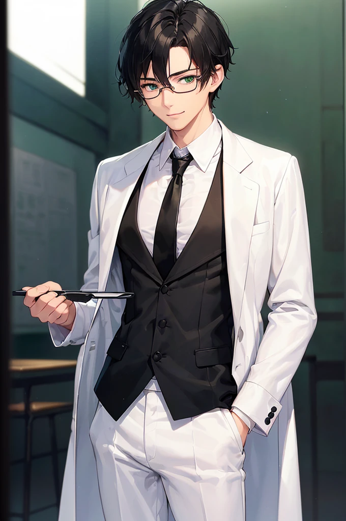 (masterpiece; best quality: 1.2), (finely detailed eyes: 1.3), ((25 year old man)), ((solo)), (green eyes: 1.4), (body; lean, lithe, masculine: 1.3), (very short black hair: 1.3), (beautiful and clear background: 1.2), ((depth of field)), (equipment: white open labcoat + black shirt + white tie + white pants + black square glasses: 1.3), (anime illustration: 1.2), (background composition; japanese highschool classroom + furniture: 1.1), (extremely fine and handsome: 1.1), (shot composition; standing + centered on torso + close-up: 1.5), (expression; calm, smile: 1.2)