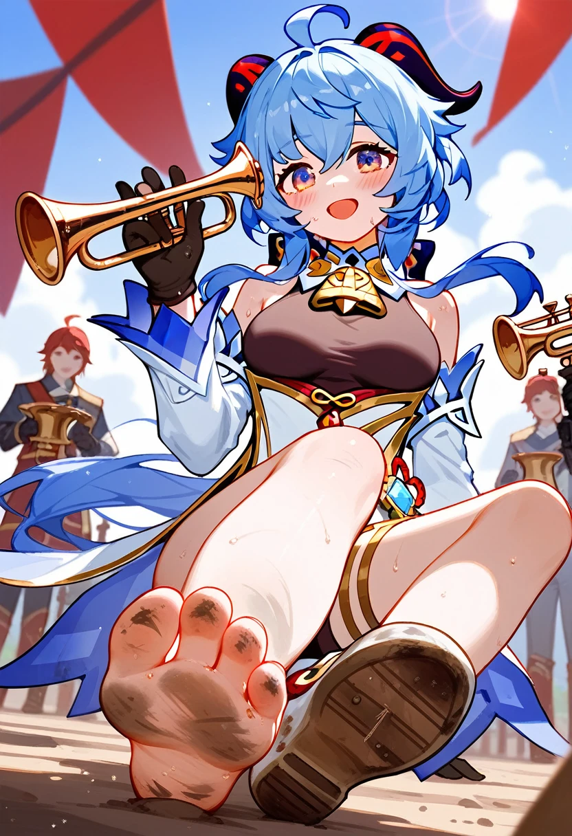 Fraction_9,Fraction_8_Direction_7_up,1 Girl,Ganyu(Genshin Impact),dirty,foot,Gloves,helmet,trumpet,Sole,blue eyes,赤foot,breast,Solitary,Long hair,Blue hair,black Gloves,foot,cape,Foot focus,Looking at the audience,sit,Sweat,Open your mouth,dirty foot,Keep,outdoor,Sky,bangs,sky,Smile,blush,demon trumpet,shorten,sun,