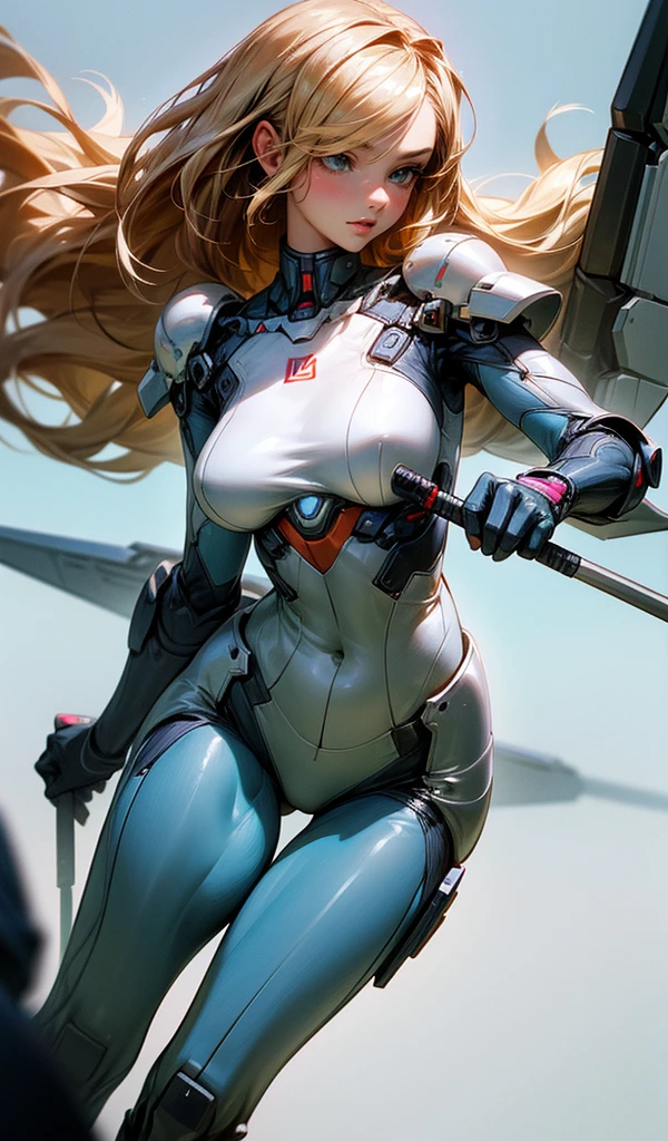 Please follow all prompts below exactly and faithfully. This is a breathtaking masterpiece of digital illustration, with maximum resolution, UHD, 512K, 2160p, 10 million ppi, 300 million dpi, natural color tones, ultra sharp details, perfect outlines with contrast, ((most realistic skin and hair textures:1.5)), most beautiful detailed eye features, perfect anatomically correct human body, beautiful background with depth, rule of thirds, depth of field, Maximize all element is used to its full potential to create the best digital illustrations, BREAK 1woman, sexy:1.5, beautiful face sharp, elegant woman, perfect body style, slender, beautiful big breasts, green eyes, blonde hair, hair over one eye, long hair, glossy very thick lips:0.7, pink lipstick:0.7, smile, BREAK A female warrior clad in a high-tech mech suit, featuring detailed armor with glowing accents and multiple pairs of mechanical wings. She wields a variety of weapons, such as laser swords and missile launchers. Her limbs and torso are fully integrated with the mech, showcasing a powerful and agile design. The setting is vibrant and action-packed, highlighting her in the heat of combat.