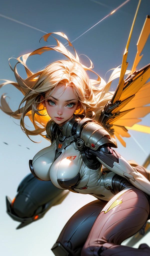Please follow all prompts below exactly and faithfully. This is a breathtaking masterpiece of digital illustration, with maximum resolution, UHD, 512K, 2160p, 10 million ppi, 300 million dpi, natural color tones, ultra sharp details, perfect outlines with contrast, ((most realistic skin and hair textures:1.5)), most beautiful detailed eye features, perfect anatomically correct human body, beautiful background with depth, rule of thirds, depth of field, Maximize all element is used to its full potential to create the best digital illustrations, BREAK 1woman, :1.5, beautiful face sharp, elegant woman, perfect body style, slender, beautiful , green eyes, blonde hair, hair over one eye, long hair, glossy very thick lips:0.7, pink lipstick:0.7, smile, BREAK A female warrior clad in a high-tech mech suit, featuring detailed armor with glowing accents and multiple pairs of mechanical wings. She wields a variety of weapons, such as laser swords and missile launchers. Her limbs and torso are fully integrated with the mech, showcasing a powerful and agile design. The setting is vibrant and action-packed, highlighting her in the heat of combat.
