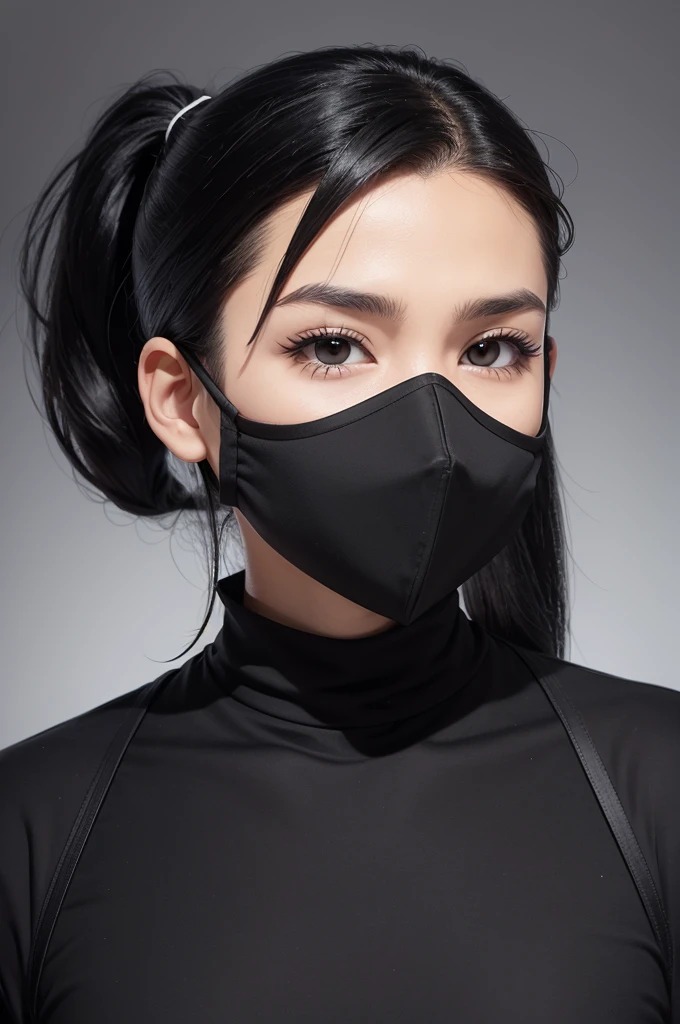 A girl, hunter suit, heterocromia, Purple eye, silver eye, long hair, black hair and silver spots, adolescent, Quiet, hair half tied and half down, tight black suit, white hooded cape, black face mask, black gloves, silver katana