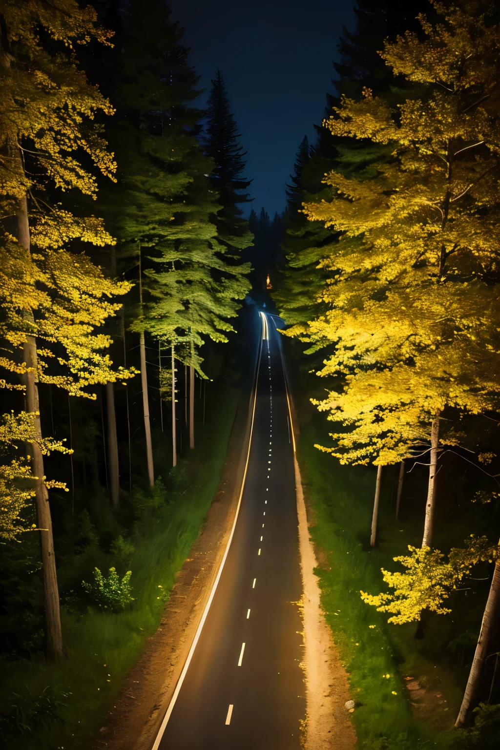 An oil painting，The picture shows a road in the forest at night with dense trees on both sides.，Top view，Zoom in