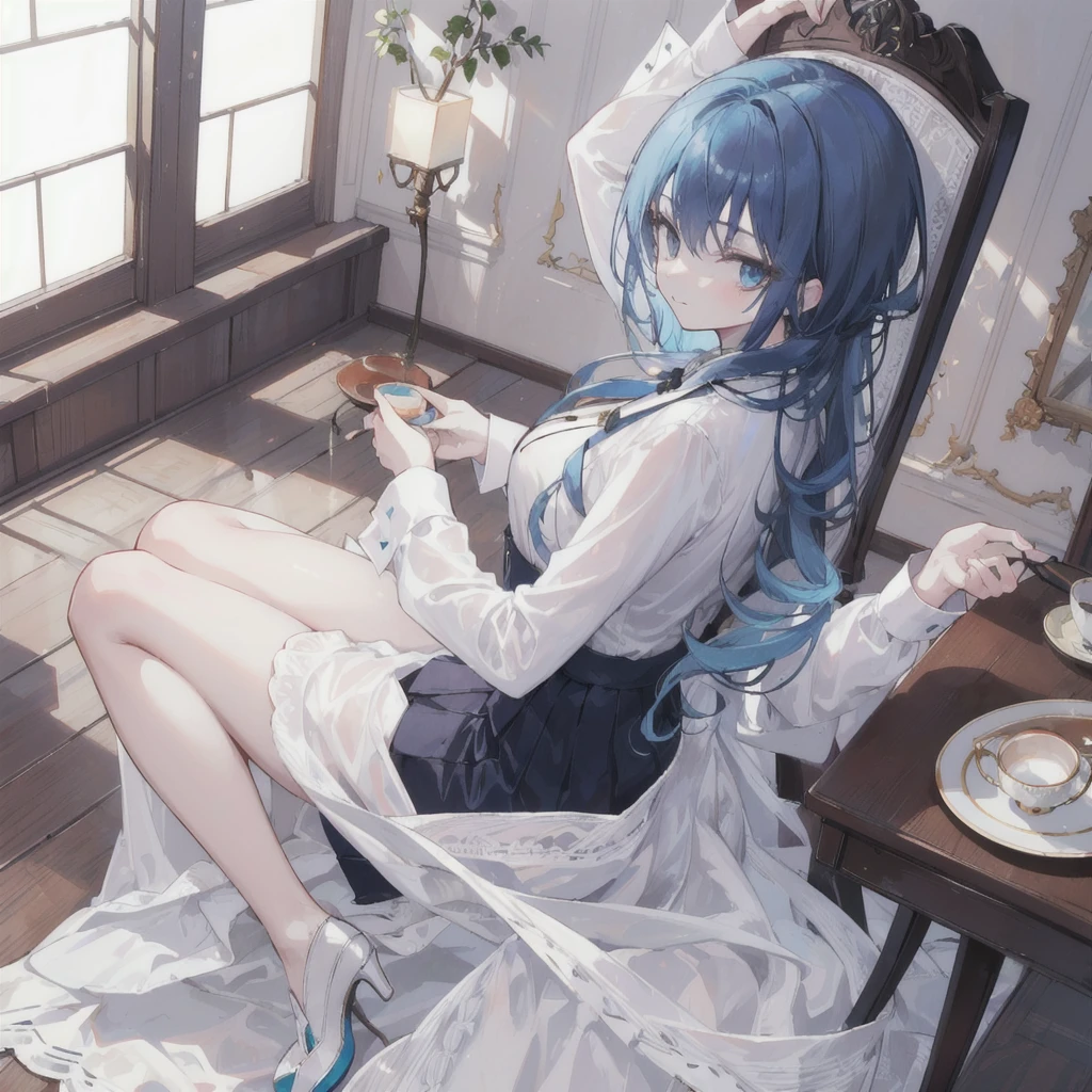 anime girl1, Beautiful blue hair, blue eyes, (bangs cover left eye) His left eye is visible slightly behind his long bangs, (wearing an elegant white noble shirt) wearing an elegant white tie jabot (long elegant noble shirt dress) Sitting on an elegant wooden chair, Skirt covers elegant legs (wearing elegant sparkling white glass shoes) (Hands on the table holding a cup of tea) smiling gently (perfect long straight blue hair) Body position facing to the left (head facing to the left) (image seen from top of head to toes looking down) Background of a luxurious, magnificent palace, detailed size (window light), shiny ceramics (perfect body, left hand holding a tea cup, right hand on a shiny, elegant wooden table, solo, Perfect soft straight blue hair, perfect long shirt sleeves perfect long tight skirt perfect legs perfect body position