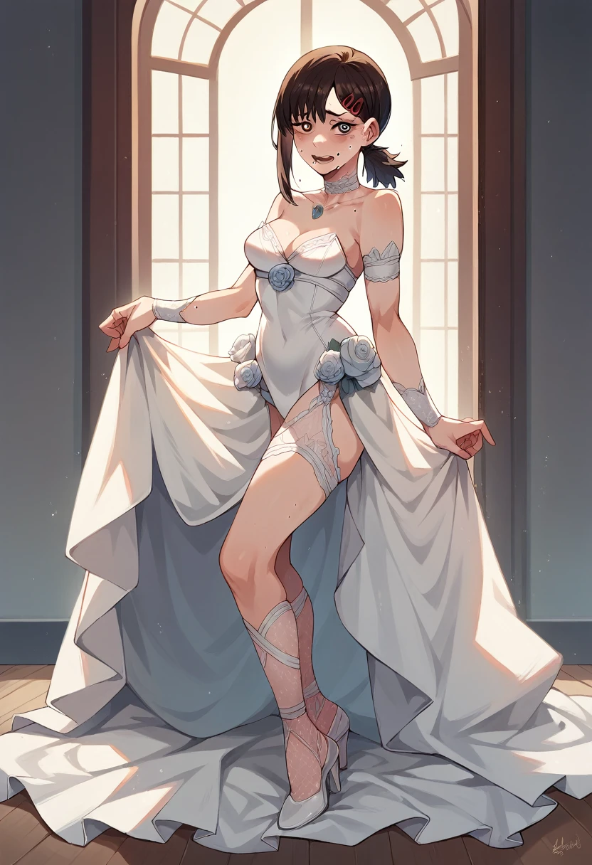 Kobeni Higashiyama from chainsaw man wearing very sexy and beautiful bridal lingerie while looking at the viewer with tears of happiness full body