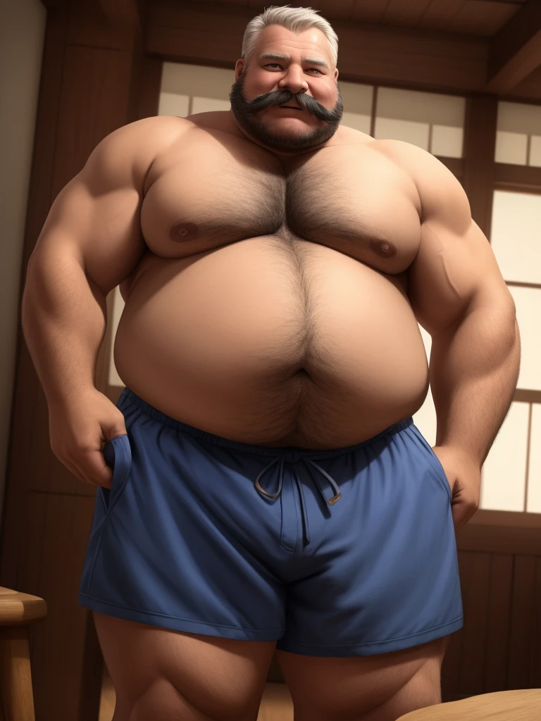 a smiling obese old man, chubby, big fat, detailed realistic portrait, 8k high resolution, sumo physique, side view, perfect center, full view, realistic skin texture, wrinkled face, short hair, thick mustache, jovial expression, huge belly, fat, wearing shorts, high detail, masterpiece, (best quality,4k,8k,highres,masterpiece:1.2),ultra-detailed