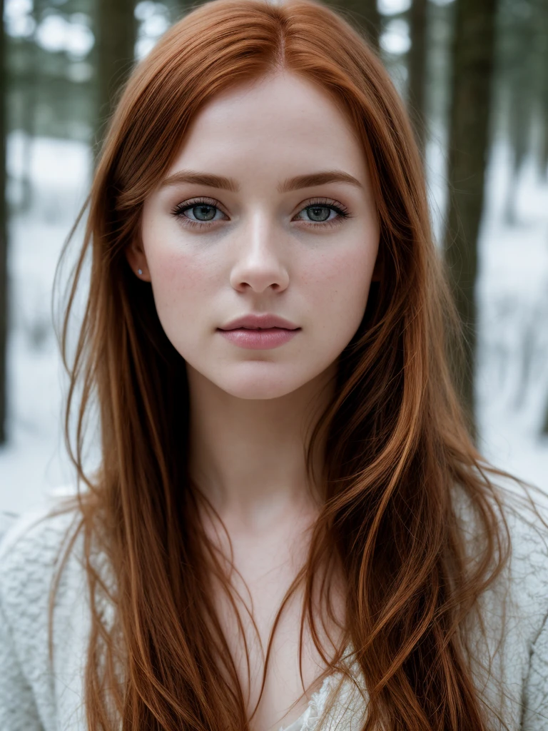 close up of a european woman, ginger hair, winter forest, natural skin texture, 24mm, 4k textures, soft cinematic light, RAW photo, photorealism, photorealistic, intricate, elegant, highly detailed, sharp focus, ((((cinematic look)))), soothing tones, insane details, intricate details, hyperdetailed, low contrast, soft cinematic light, dim colors, exposure blend, hdr, faded