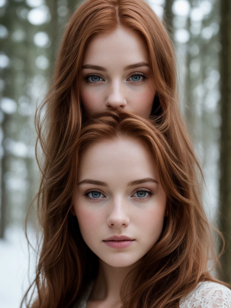 close up of a european woman, ginger hair, winter forest, natural skin texture, 24mm, 4k textures, soft cinematic light, RAW photo, photorealism, photorealistic, intricate, elegant, highly detailed, sharp focus, ((((cinematic look)))), soothing tones, insane details, intricate details, hyperdetailed, low contrast, soft cinematic light, dim colors, exposure blend, hdr, faded