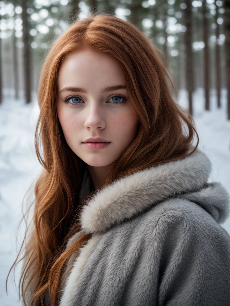 close up of a european woman, ginger hair, winter forest, natural skin texture, 24mm, 4k textures, soft cinematic light, RAW photo, photorealism, photorealistic, intricate, elegant, highly detailed, sharp focus, ((((cinematic look)))), soothing tones, insane details, intricate details, hyperdetailed, low contrast, soft cinematic light, dim colors, exposure blend, hdr, faded