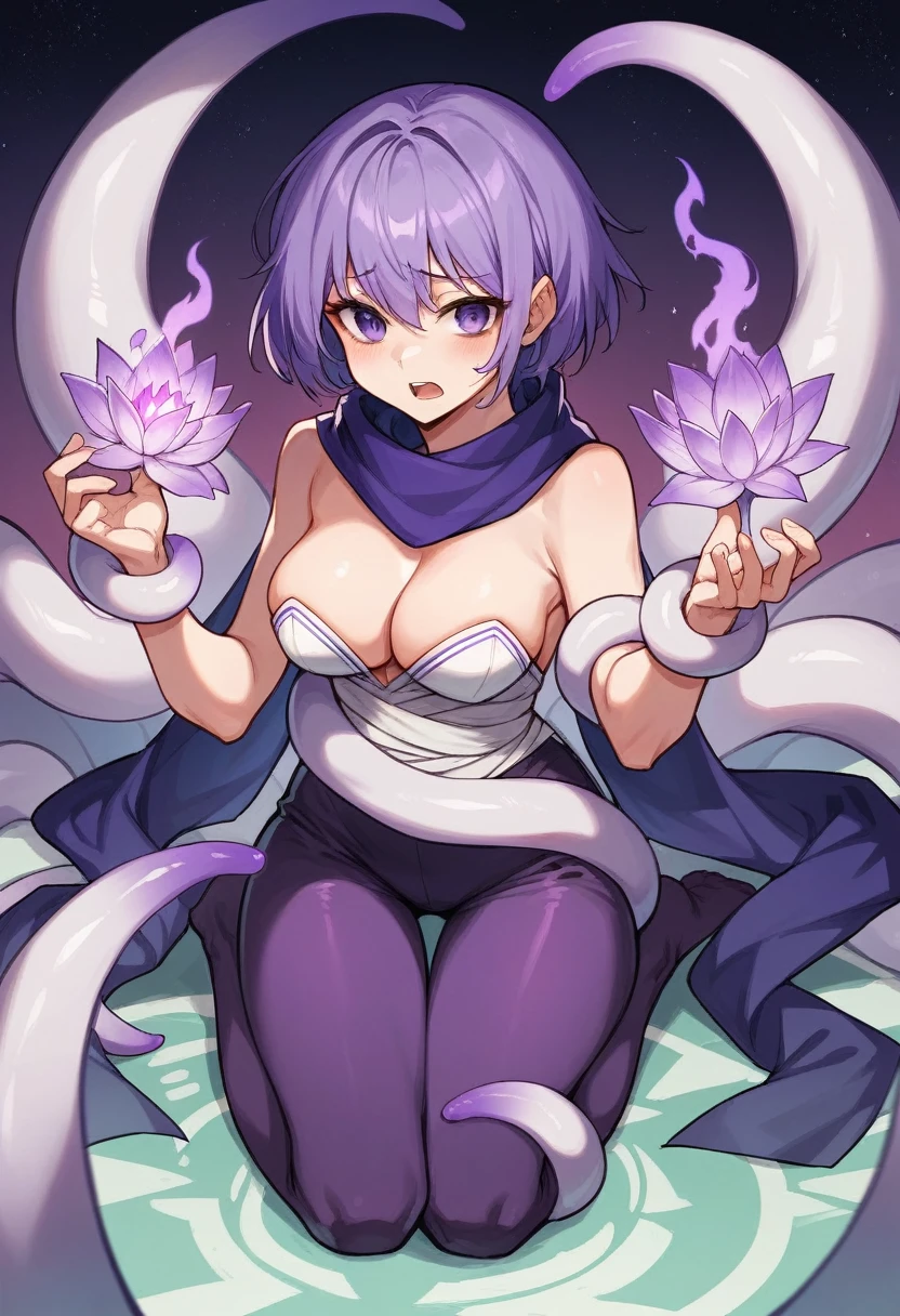 Extra long purple hair，Purple Eyes，A very good figure of an adult woman with bare breasts，Wearing black and purple tights，A purple scarf on the wrist，And holding a purple fire lotus in his left hand，First person open hands action，Six purple-white tentacles formed of energy extended from her back.，6 tentacles tied her up，And behind her there are circles of three fists of purple and white halos，The background is purple, the universe and the starry sky