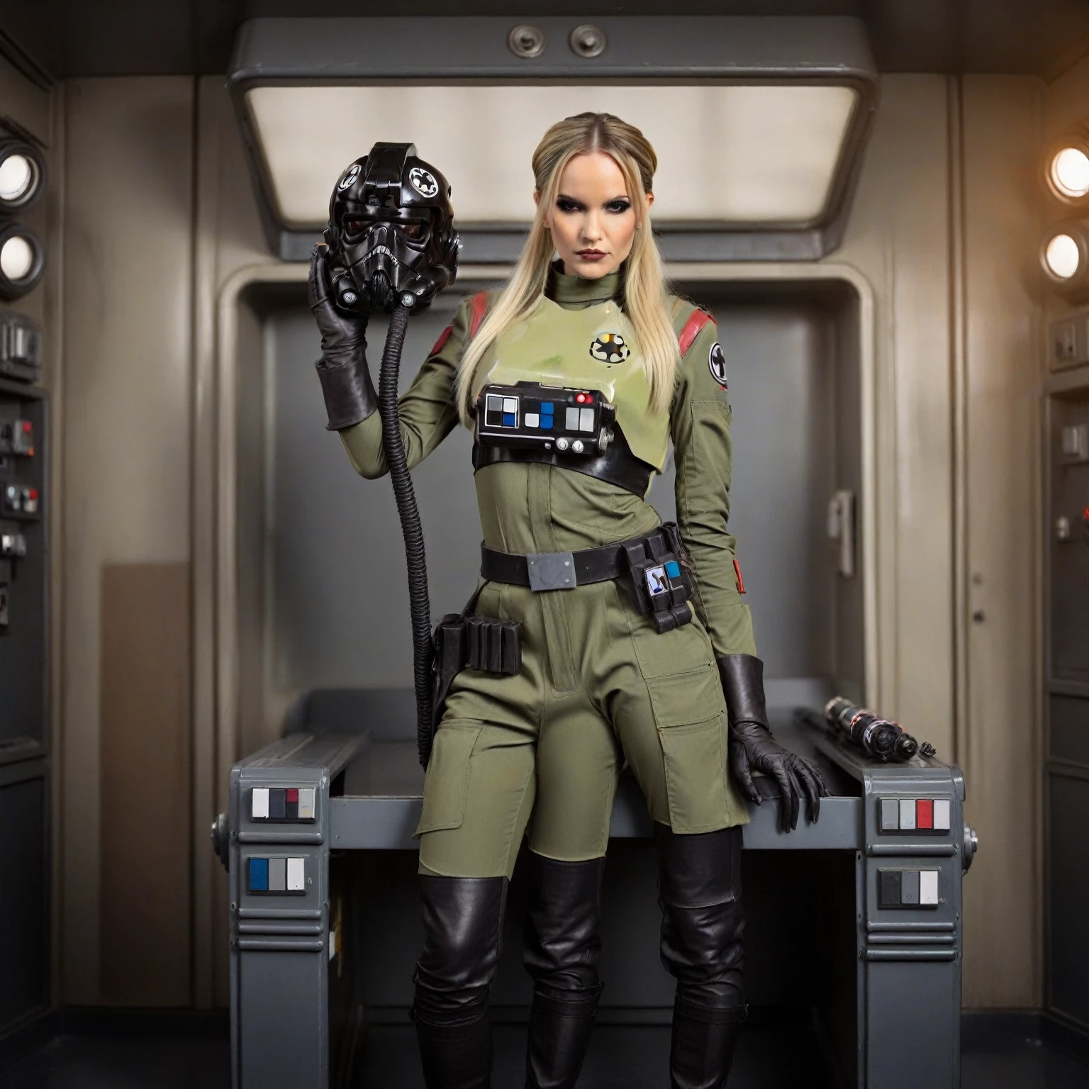 score_9, score_8_up, score_7_up, score_6_up, 2d, rating_questionable, rating_safe, BREAK a cinematic film portrait still of a young and attractive  ((green skin)) Female Twi'lek (((hera syndulla ))), pale instagram model wearing Tie Pilot uniform, with platinum hair tied in a bun and wearing an officer cap, sitting on her sci-fi bunk bed, in a sci-fi ship, full body shot . shallow depth of field, vignette, highly detailed, high budget Hollywood movie by baz luhrmann, bokeh, cinemascope, moody, epic, gorgeous, film grain, grainy
