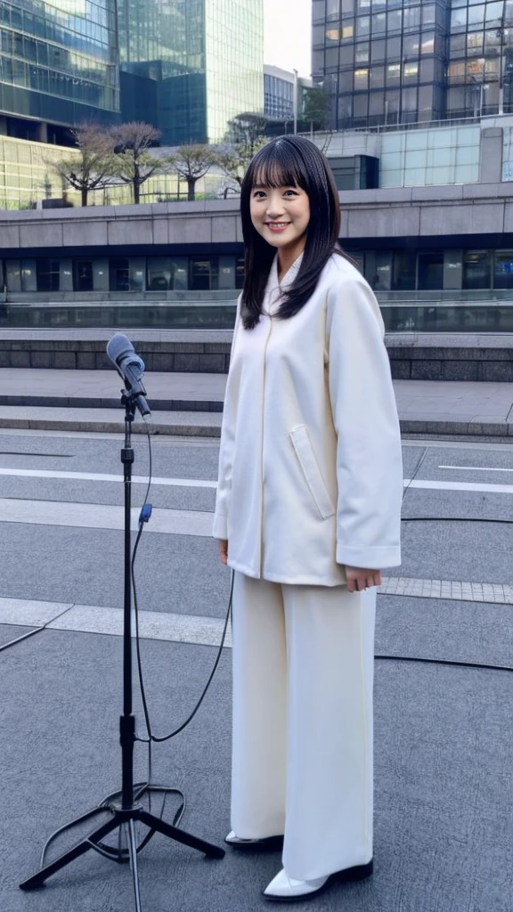 Full-body photo of a cute Japanese weather forecaster wearing a pantsuit and coat, pumps,A girl broadcasting live with a microphone,Broadcasting with a microphone outdoors in Tokyo in winter,Standing in front of Tokyo Station,wearing pumps and black tights,masterpiece