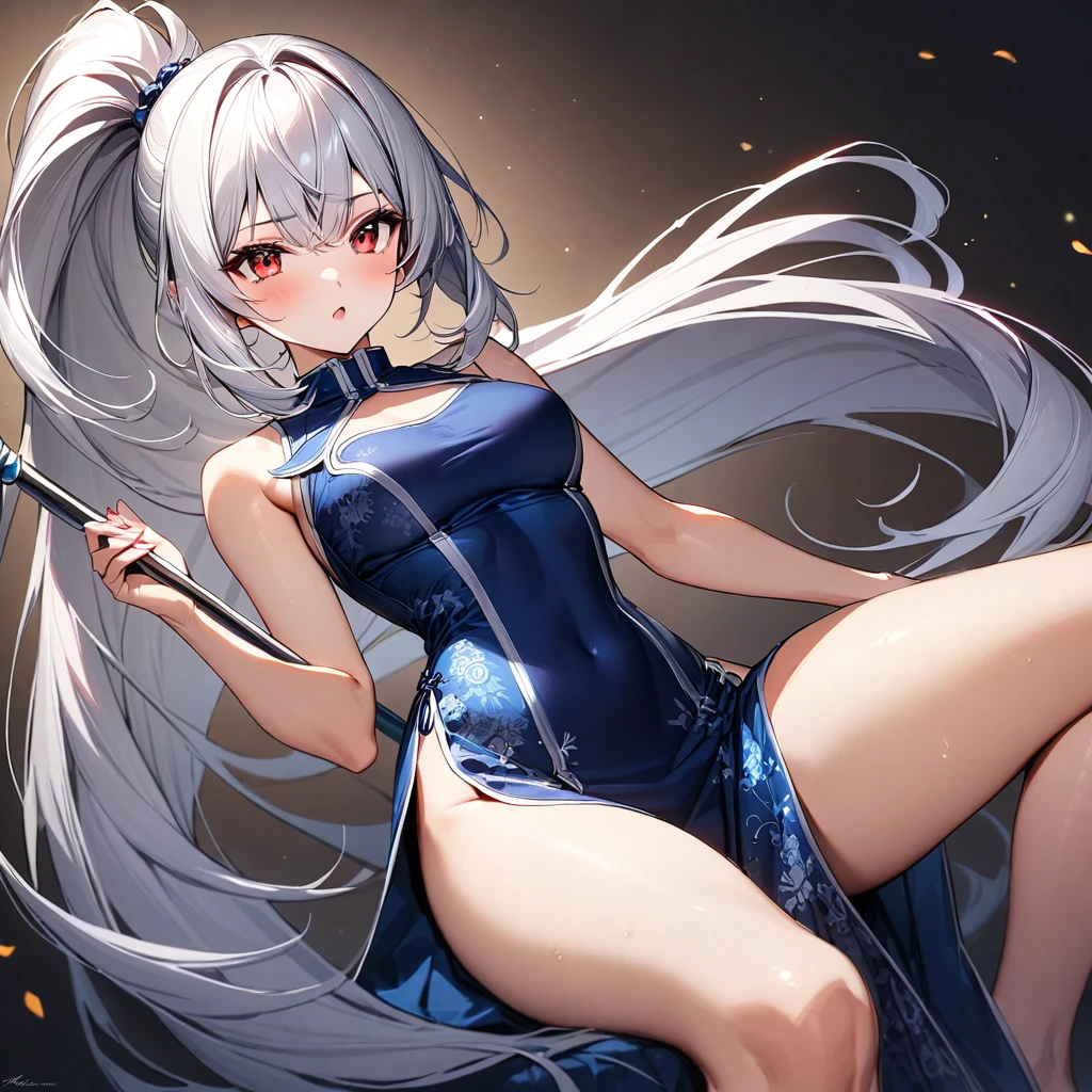 (masterpiece),(Highest quality),(Super detailed),(Best illustrations),(so beautiful), so beautiful長い脚, Thighs, Silver Hair, Red eyes, Very long hair, High Ponytail, blue dress, china dress, Side slits, holding weapon, spear, duel,