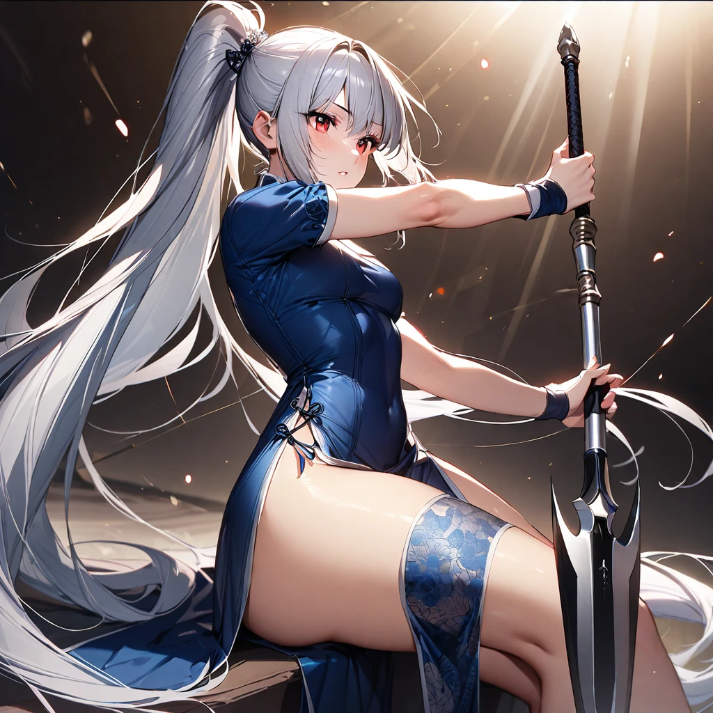 (masterpiece),(Highest quality),(Super detailed),(Best illustrations),(so beautiful), so beautiful長い脚, Thighs, Silver Hair, Red eyes, Very long hair, High Ponytail, blue dress, china dress, Side slits,  holding weapon, spear, duel, 