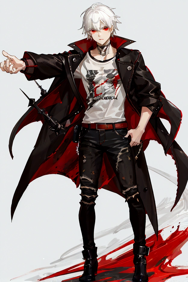 (work of art), (best quality), (1girl), White hair, Red eyes, menacing look, distressed jeans, black and red striped t-shirt, green coat