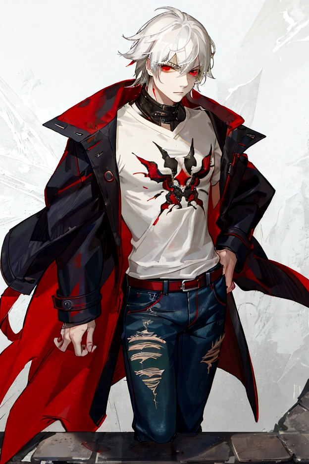 (work of art), (best quality), (1boy), White hair, Red eyes, menacing look, distressed jeans, black and red striped t-shirt, green coat