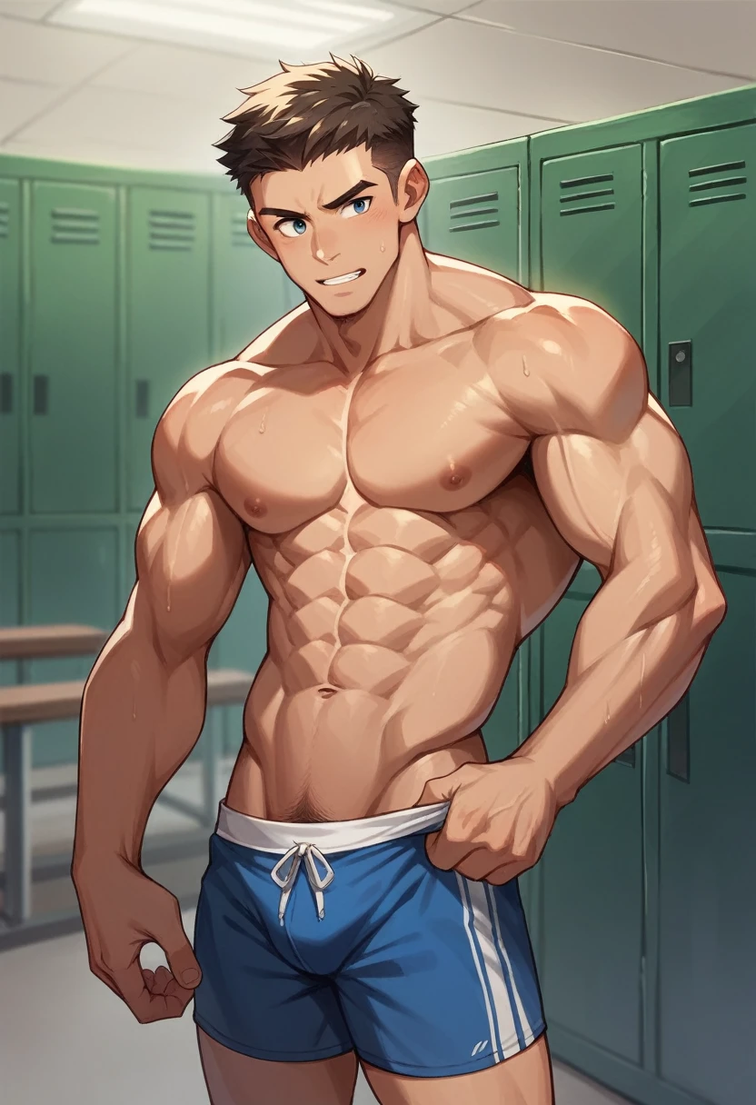 Handsome man with young boy, muscular, naked, in locker room