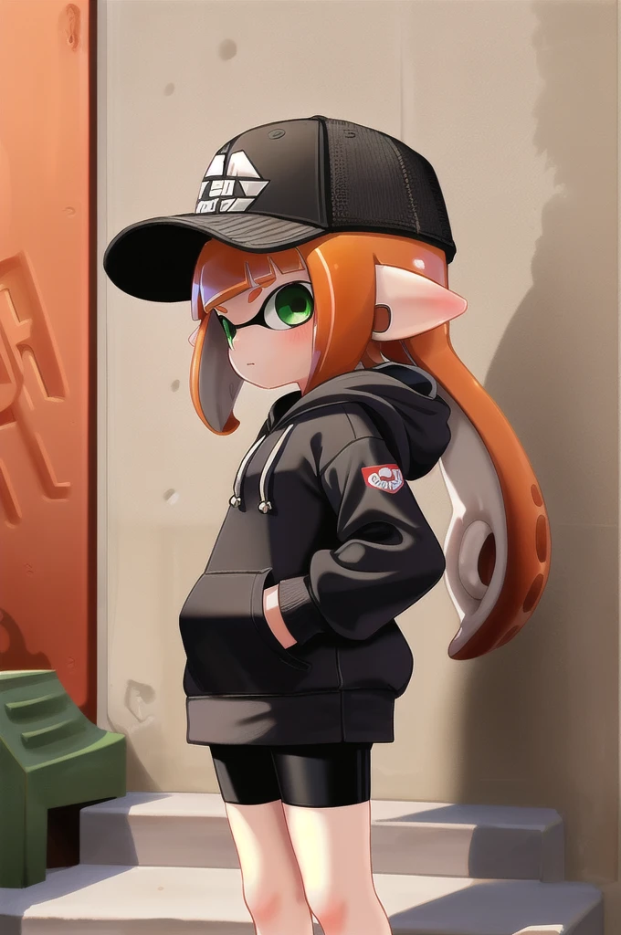 1girl, solo, long hair, long sleeves, hat, closed mouth, green eyes, standing, cowboy shot, outdoors, shorts, day, pointy ears, signature, hood, blunt bangs, orange hair, from side, short shorts, black headwear, hoodie, shadow, black shorts, hood down, bike shorts, baseball cap, tentacle hair, stairs, hands in pockets, drawstring, logo, shade, against wall, wall, graffiti, inkling, inkling girl,big muscles