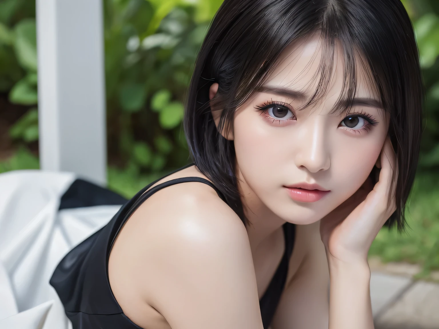 (masterpiece:1.3), (8K, Photorealistic, Raw photo, Best image quality: 1.4), Japanese、26 years old、woman、Black Bob、Super detailed face、Attention to detail、double eyelid、White dress
