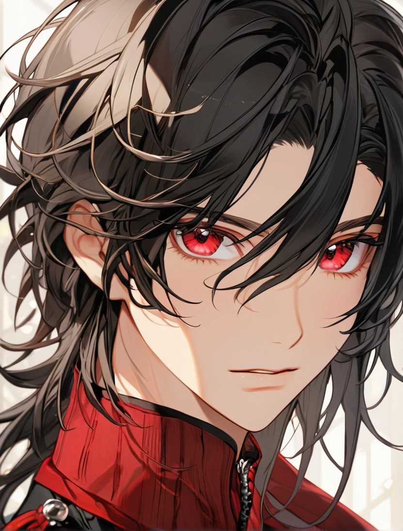 (Black_Hair), (red_ruby_eyes), (Handsome), (attractive), (male), (close_up_shot), (detailed_eyes), (detailed_hair), (clean_hair),  (vertical_pupils), (jawline), (wears_aristrocatic_outfit), (in_his_late_s)